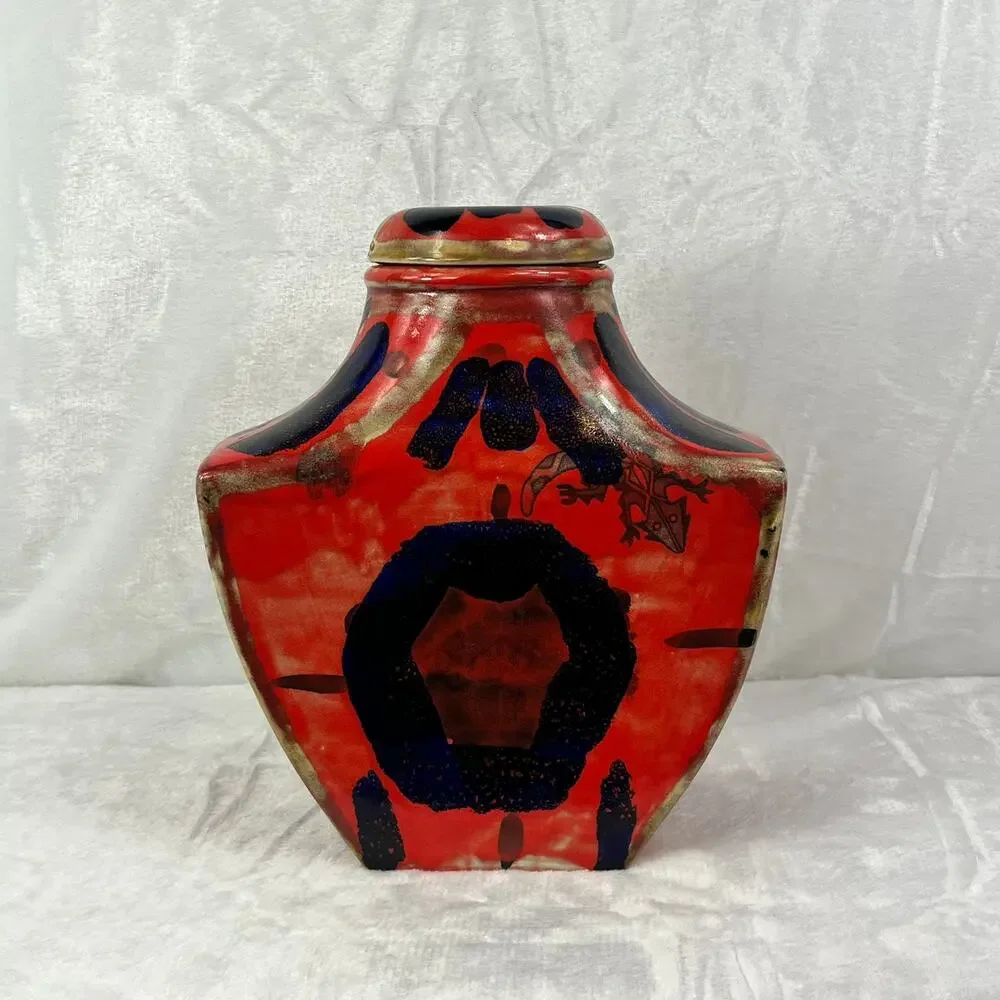 Handcrafted Red Blue Abstract Glazed Ceramic Vase 11.25